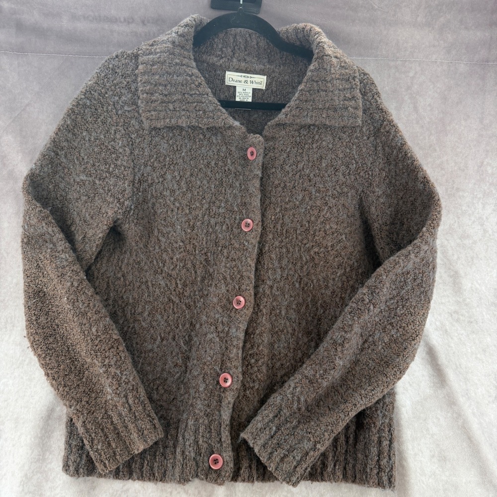 Deane & White Brown Wool Blend Textured Knit Button Front Cardigan Sweater M